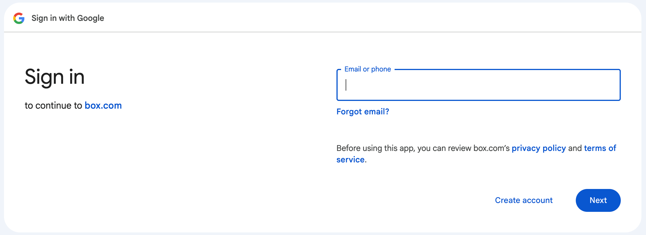 Google Sign in dialog for box.com with Email or phone field and Next button.