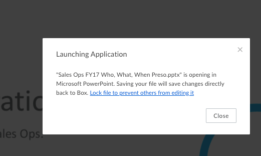 Launching Application dialog for a PowerPoint file opening from Box with Lock file link.