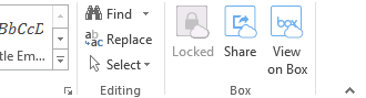 Microsoft Office ribbon showing Box group with Locked, Share, and View on Box buttons.