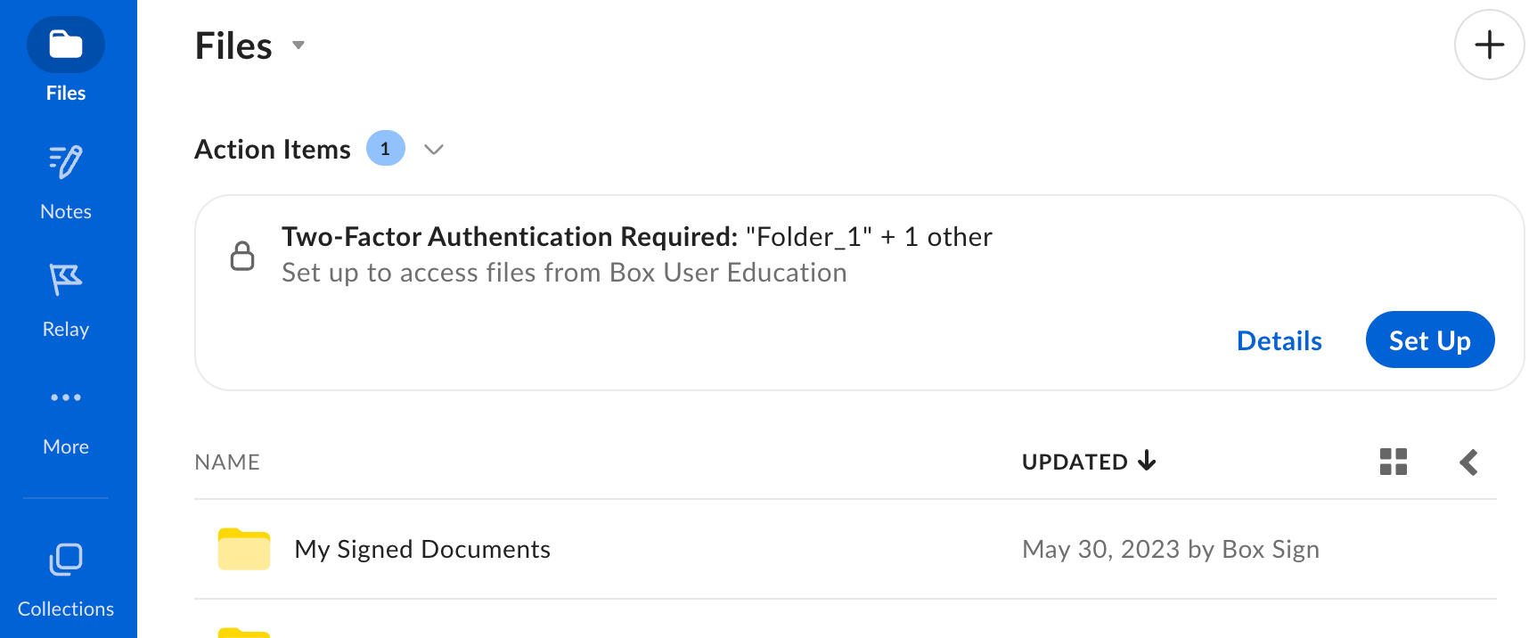 The Box Files page Action Items panel showing a two-factor authentication required notification with Set Up and Details options.