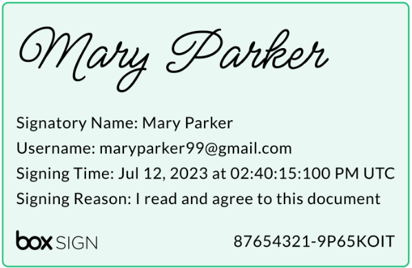 Box Sign certificate panel showing a cursive signature, signatory name, email, signing time, reason, and document ID.