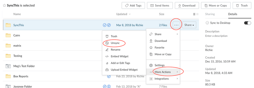 Box folder context menu navigated to More Actions and Unsync for the selected SyncThis folder.