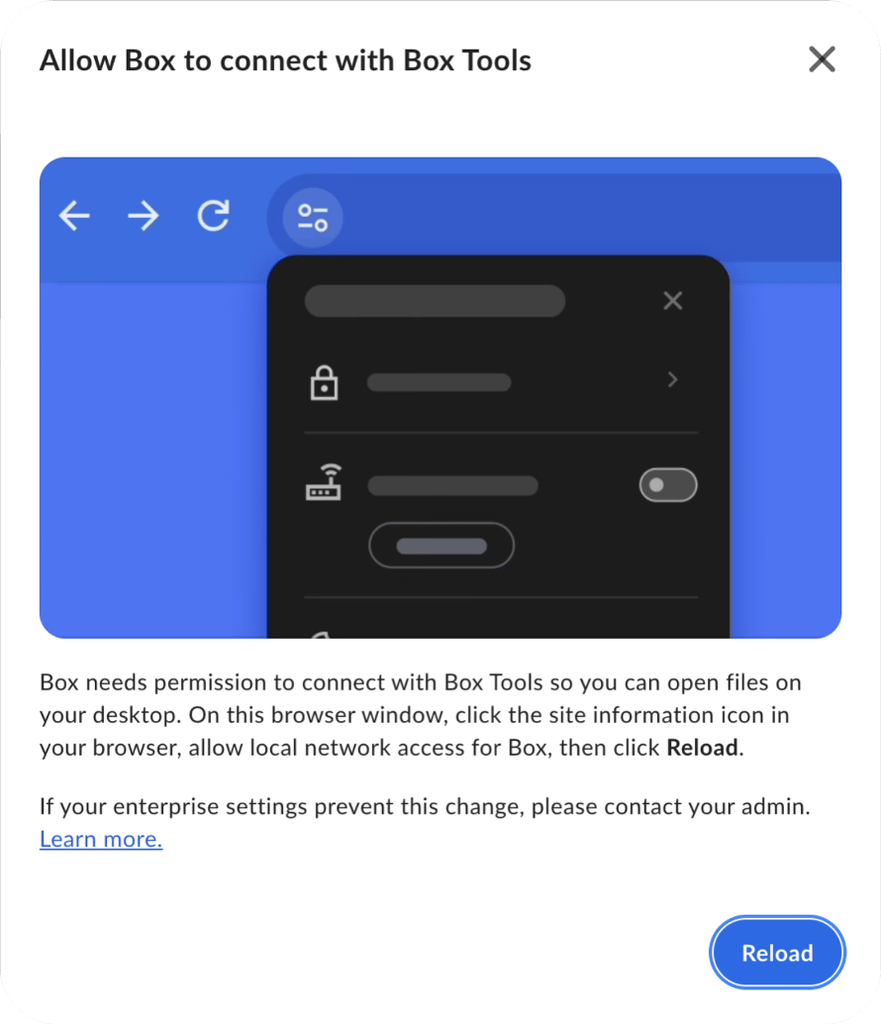 Allow Box to connect with Box Tools modal showing site information icon instructions and Reload button.