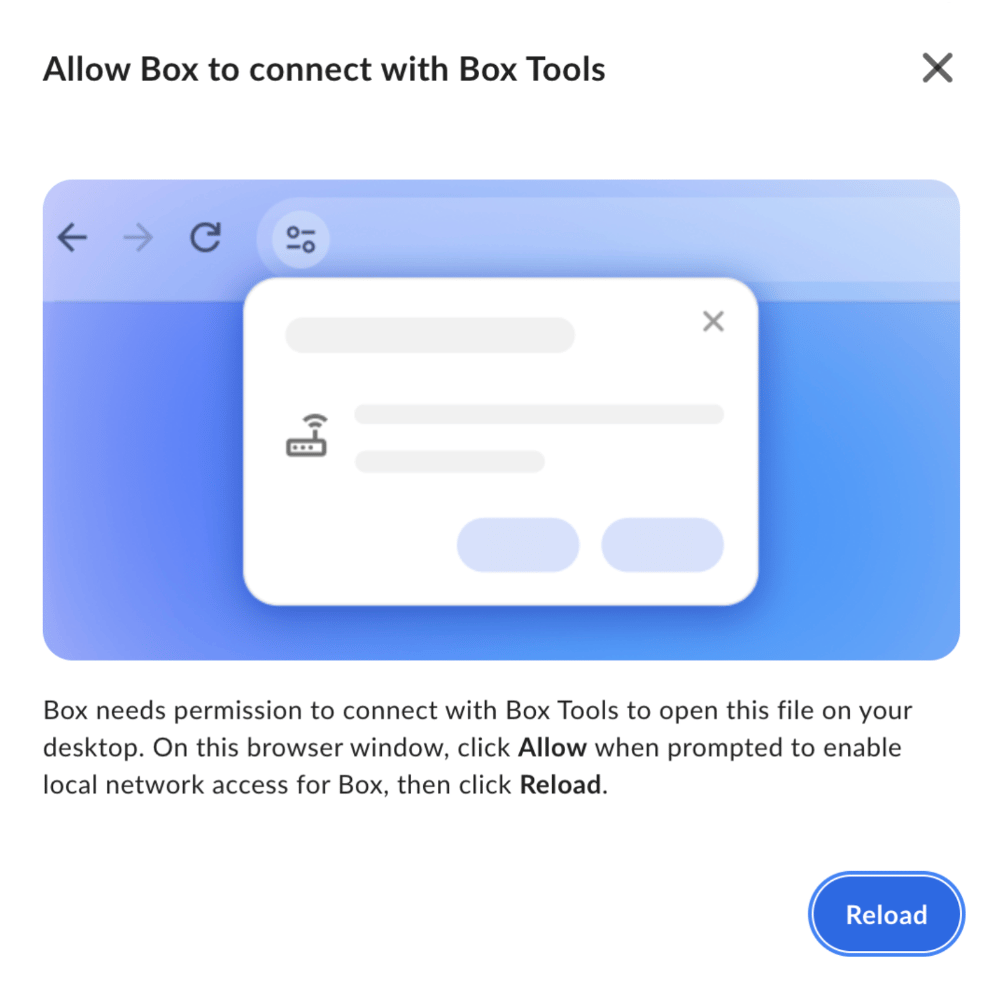 Allow Box to connect with Box Tools modal instructing user to click Allow then Reload.