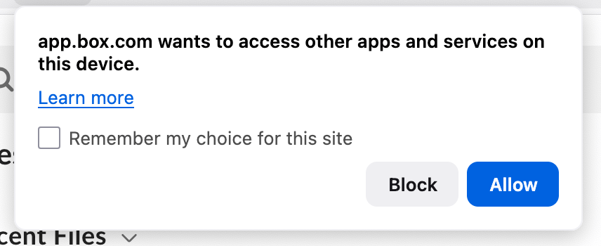Browser permission prompt from app.box.com to access apps on this device with Block and Allow buttons.