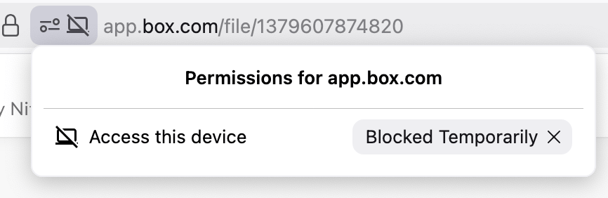 Browser permissions popover for app.box.com showing Access this device blocked temporarily.