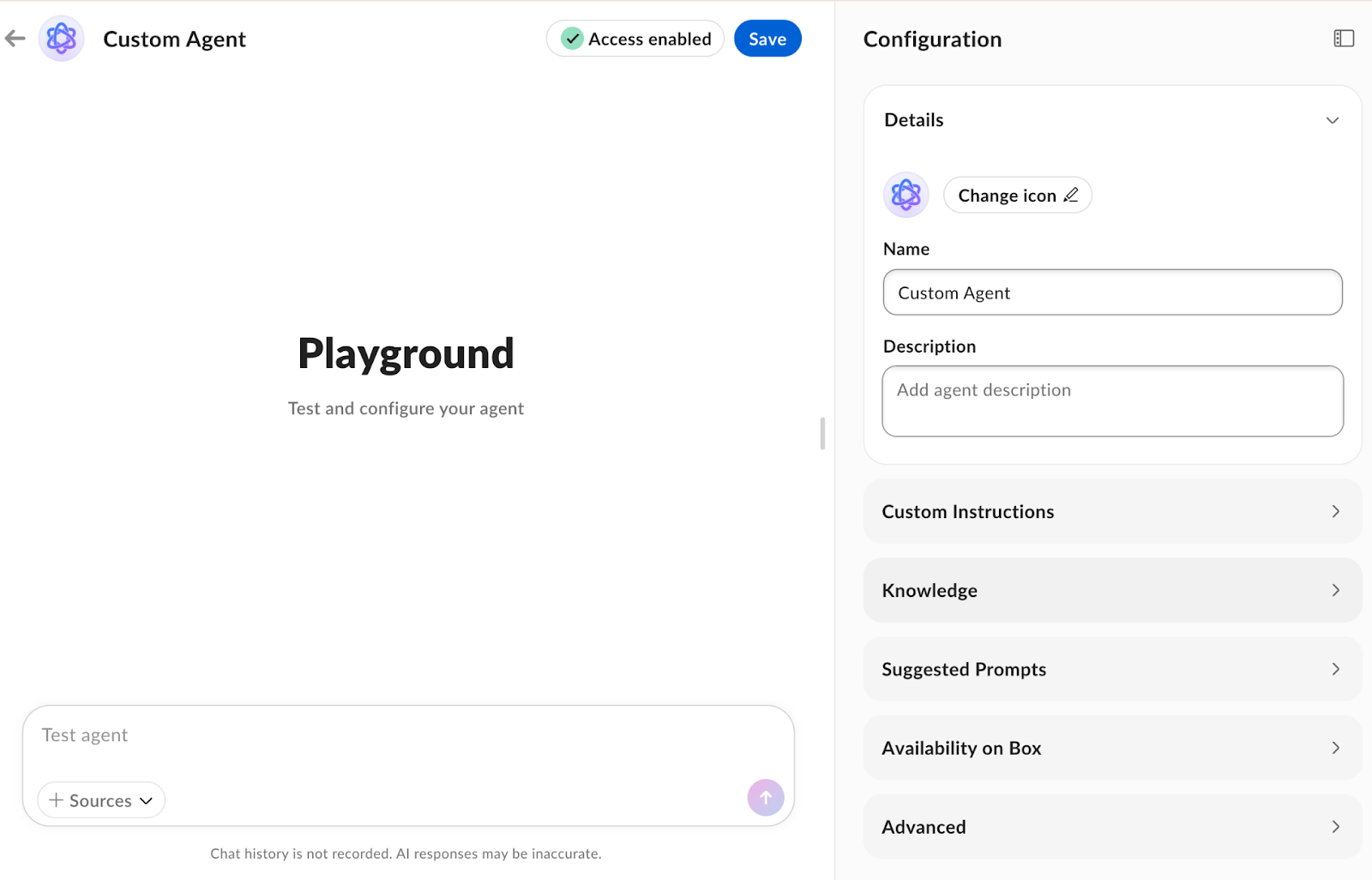 Custom Agent builder with Playground on the left and Configuration sidebar for Details, Instructions, and Knowledge.