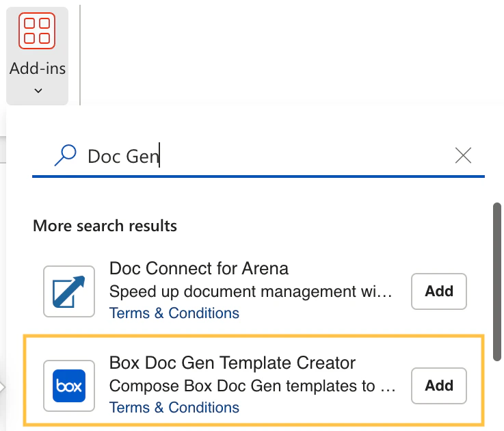 Wordオンライン版のDoc Genアドインの選択画面。