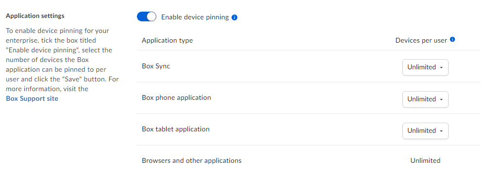 Application settings in the Box Admin Console showing device pinning enabled with per-application device limits for Box Sync, phone, tablet, and browsers.