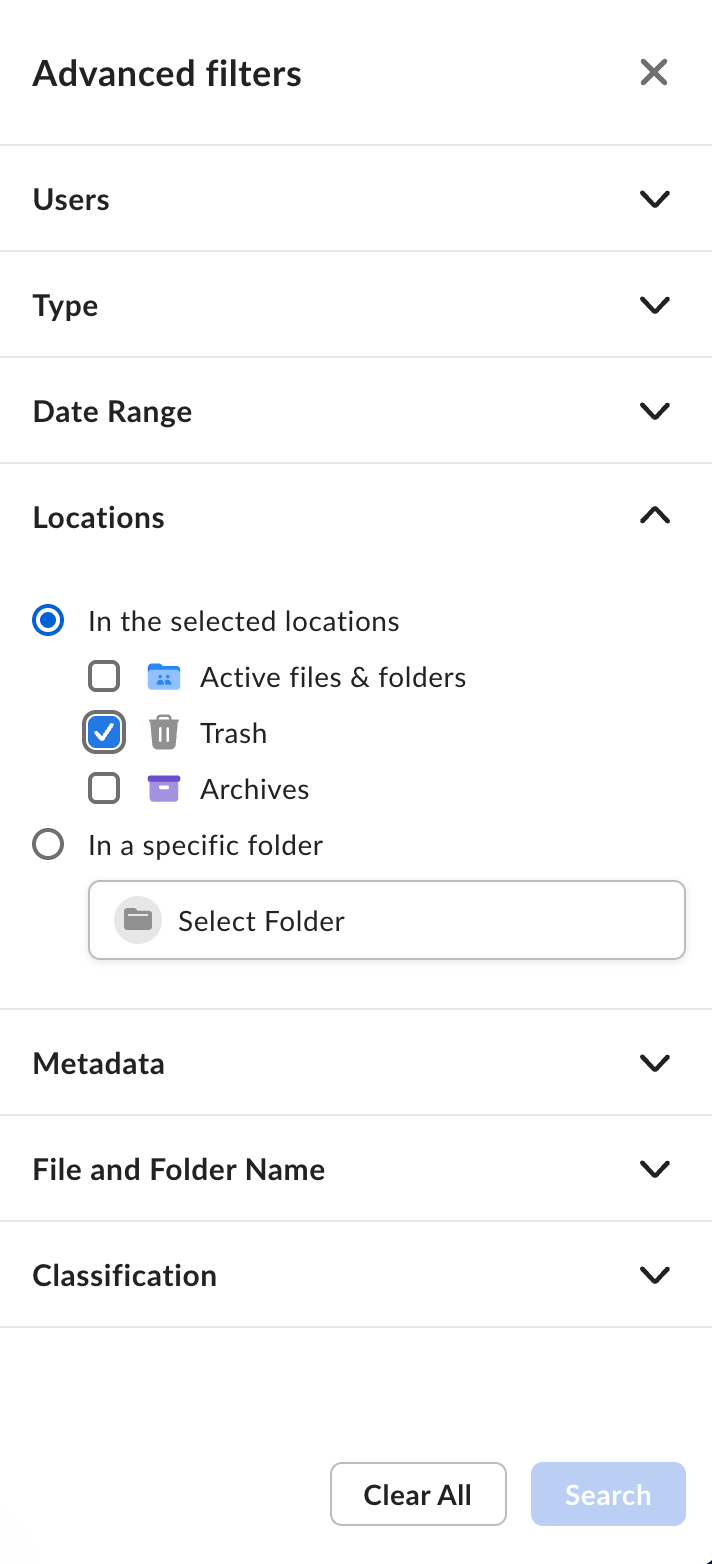 Advanced filters panel with Locations expanded and Trash checked, showing Clear All and Search buttons.