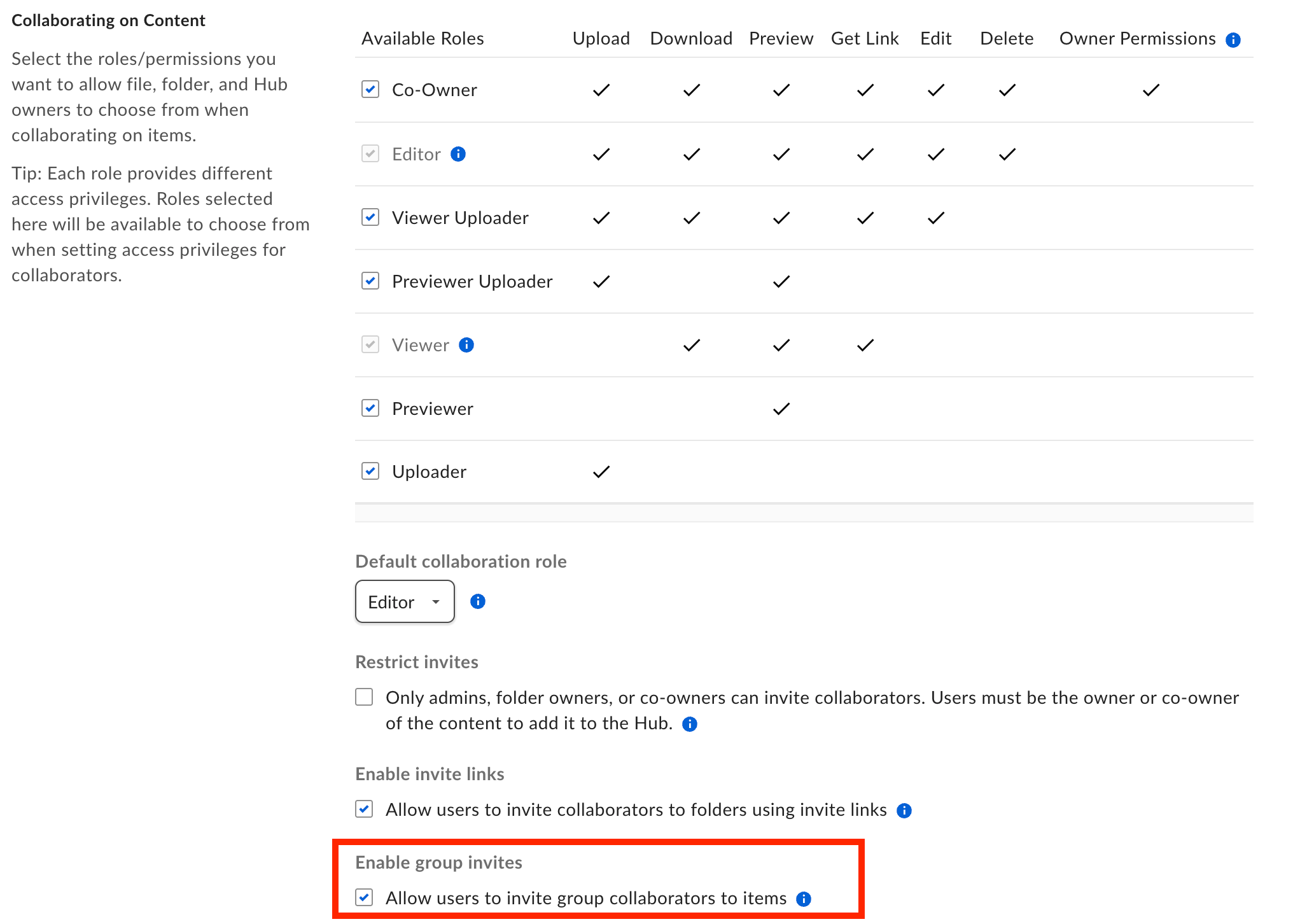 Collaborating on Content settings in the Box Admin Console with the Enable Group Invites checkbox highlighted.