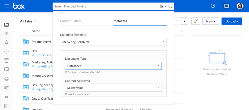 Box search filter with the Metadata tab open, showing Marketing Collateral template fields for Document Type and Content Approved.