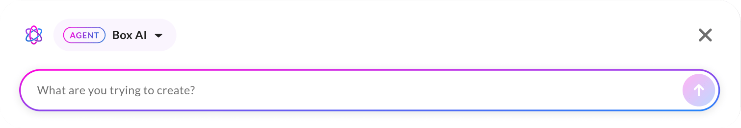 Box AI agent prompt bar with placeholder text What are you trying to create? and send button.