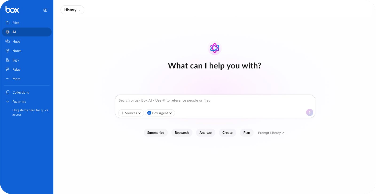 Box AI home page with What can I help you with? search field and Summarize, Research, Analyze, Create, and Plan buttons.