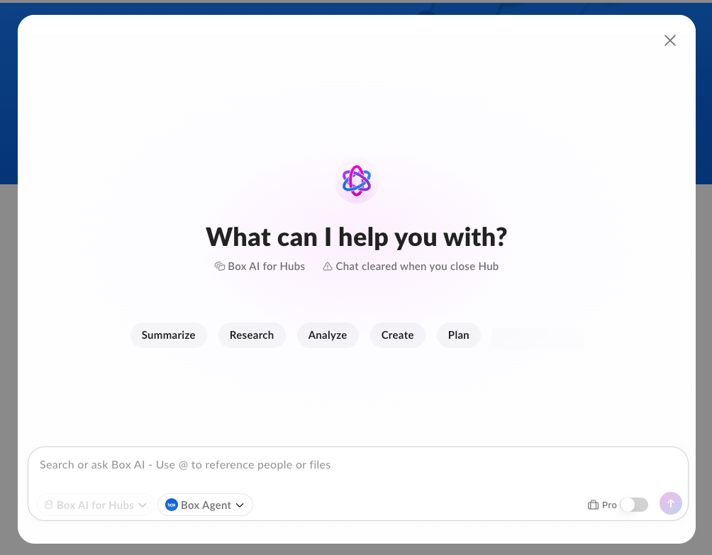 Box AI for Hubs modal with Summarize, Research, Analyze, Create, and Plan chips and Ask Box AI input field.