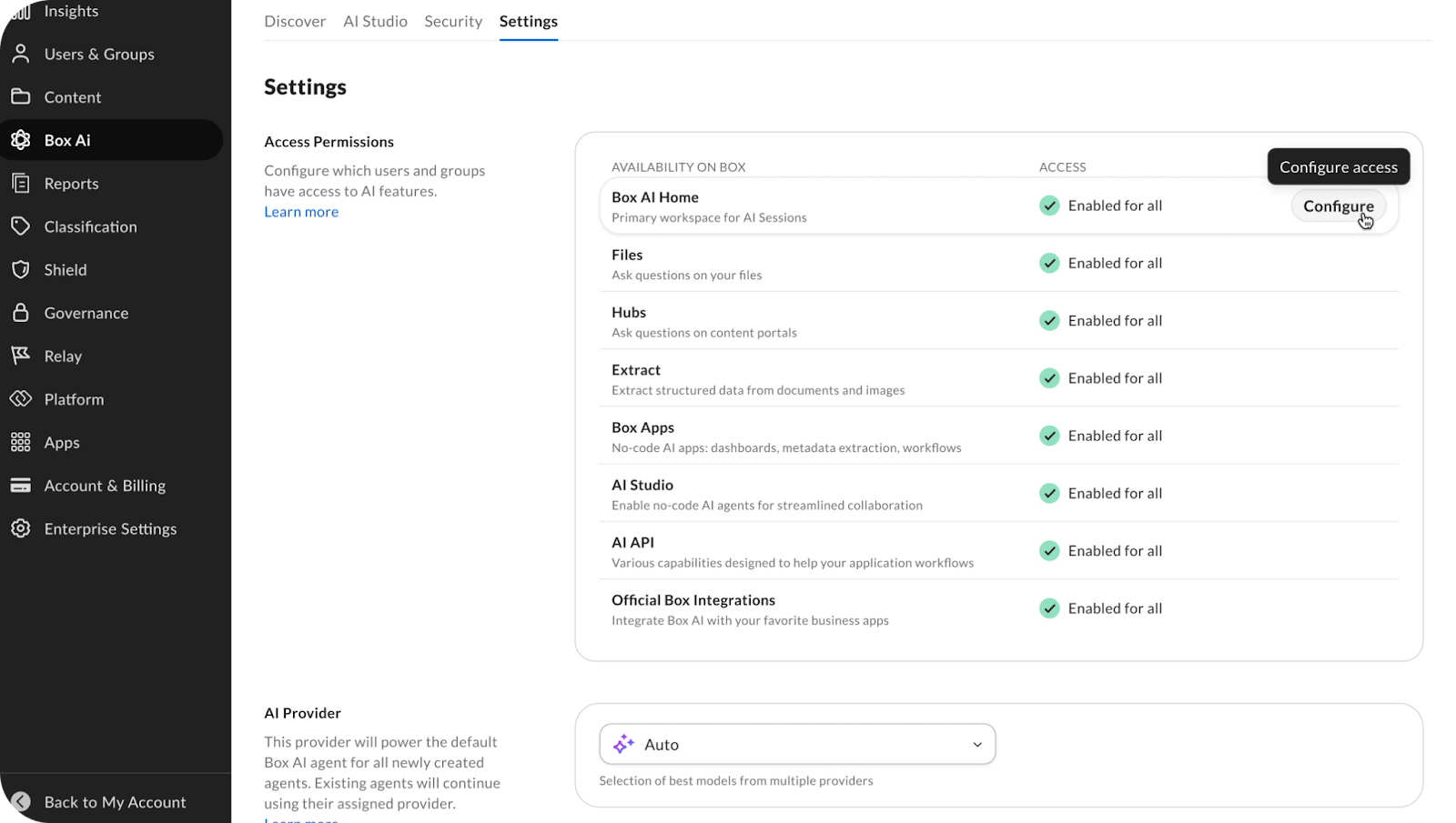 Box AI Settings page listing AI features with Enabled for all status and Configure access tooltip on Box AI Home.