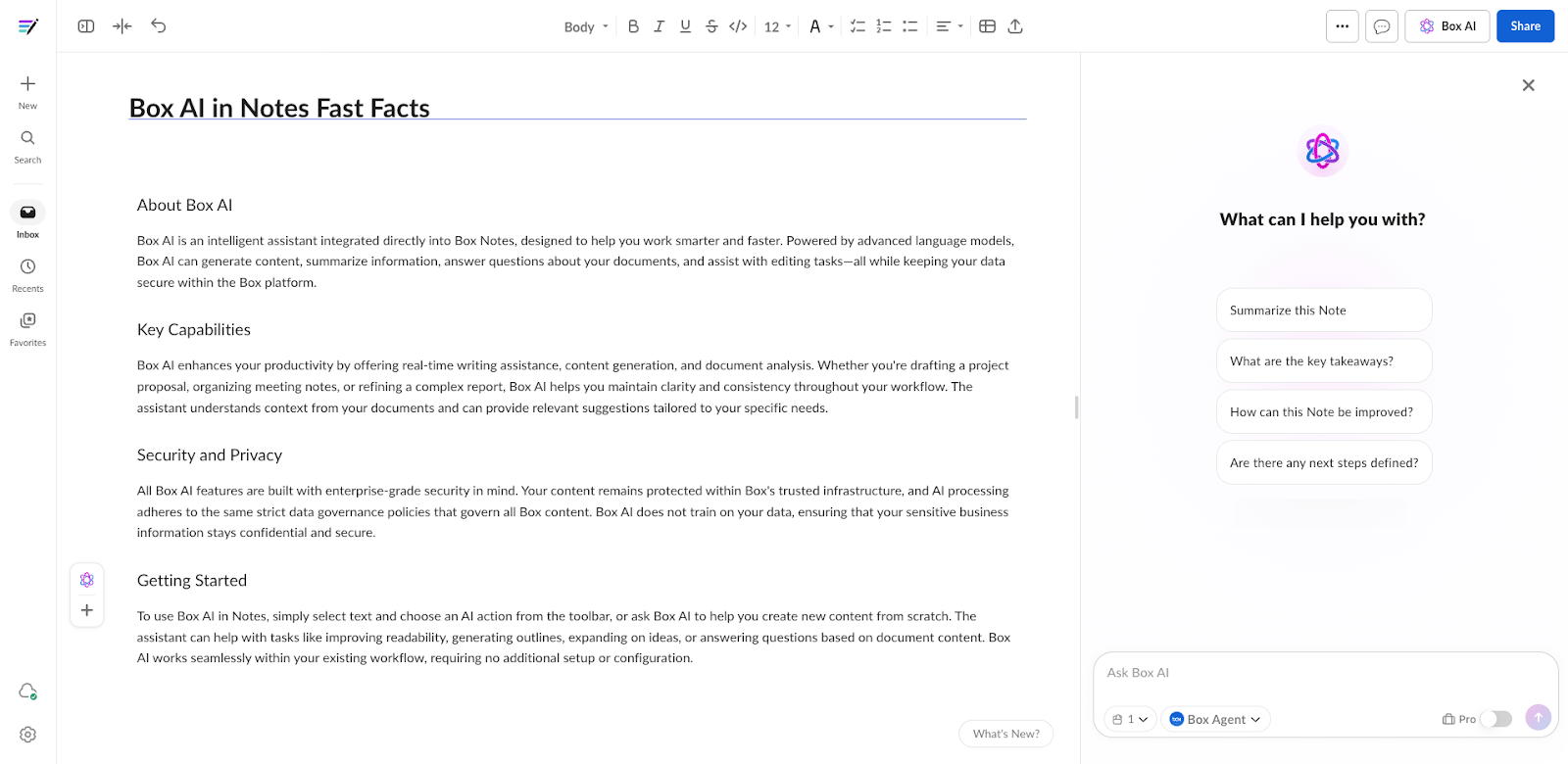 Box Notes with Box AI in Notes Fast Facts document open, showing Summarize this Note and related prompt buttons.