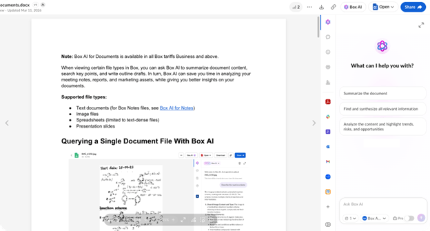 documents.docx preview with Box AI sidebar showing summarize and analyze suggested prompts.