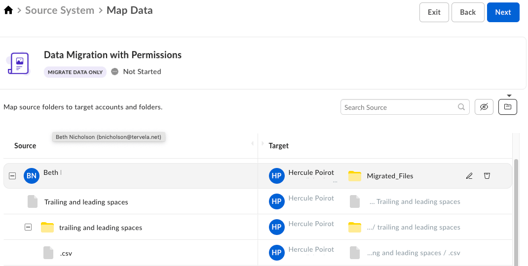 Map Data screen for a permissions migration mapping Beth's folders to Hercule Poirot's Migrated_Files target.
