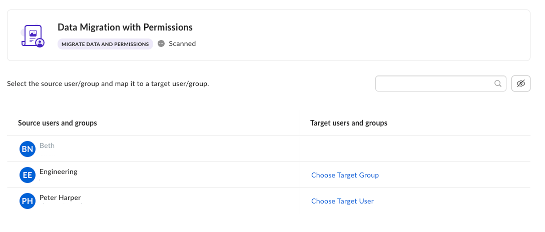 Map Users and Groups screen listing Beth, Engineering, and Peter Harper with Choose Target User or Group links.