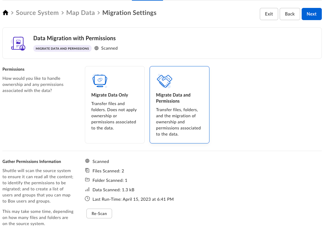 Migration Settings after scan showing 2 files, 1 folder, and 1.3 kB scanned with a Re-Scan button.