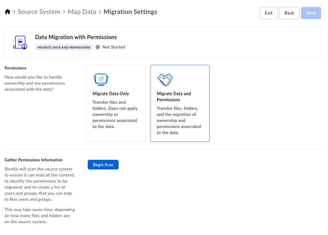 Migration Settings with Migrate Data and Permissions selected and a Begin Scan button to gather source permissions.