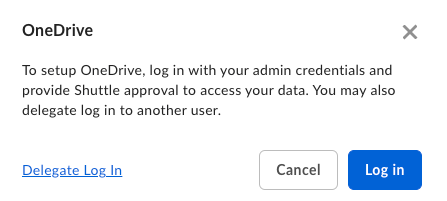 OneDrive setup dialog with admin login instructions, Delegate Log In link, and Log in button.