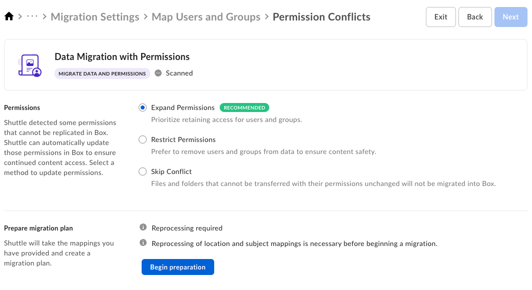 Permission Conflicts page with Expand Permissions selected and a Begin preparation button.