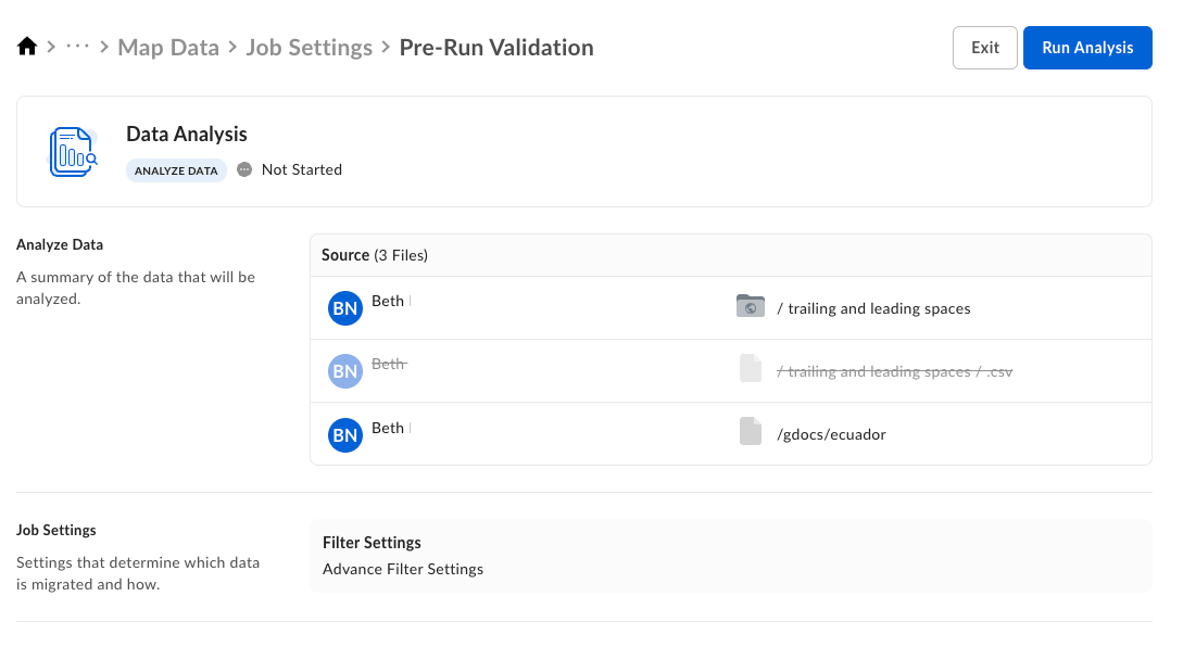Pre-Run Validation for Data Analysis showing three source files and Advanced Filter Settings before running.