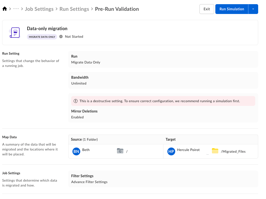 Pre-Run Validation summary for a data-only migration with Run Simulation button, bandwidth, and mirror deletion settings.