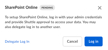 SharePoint Online setup dialog with PENDING status, Delegate Log In link, and Log in button.