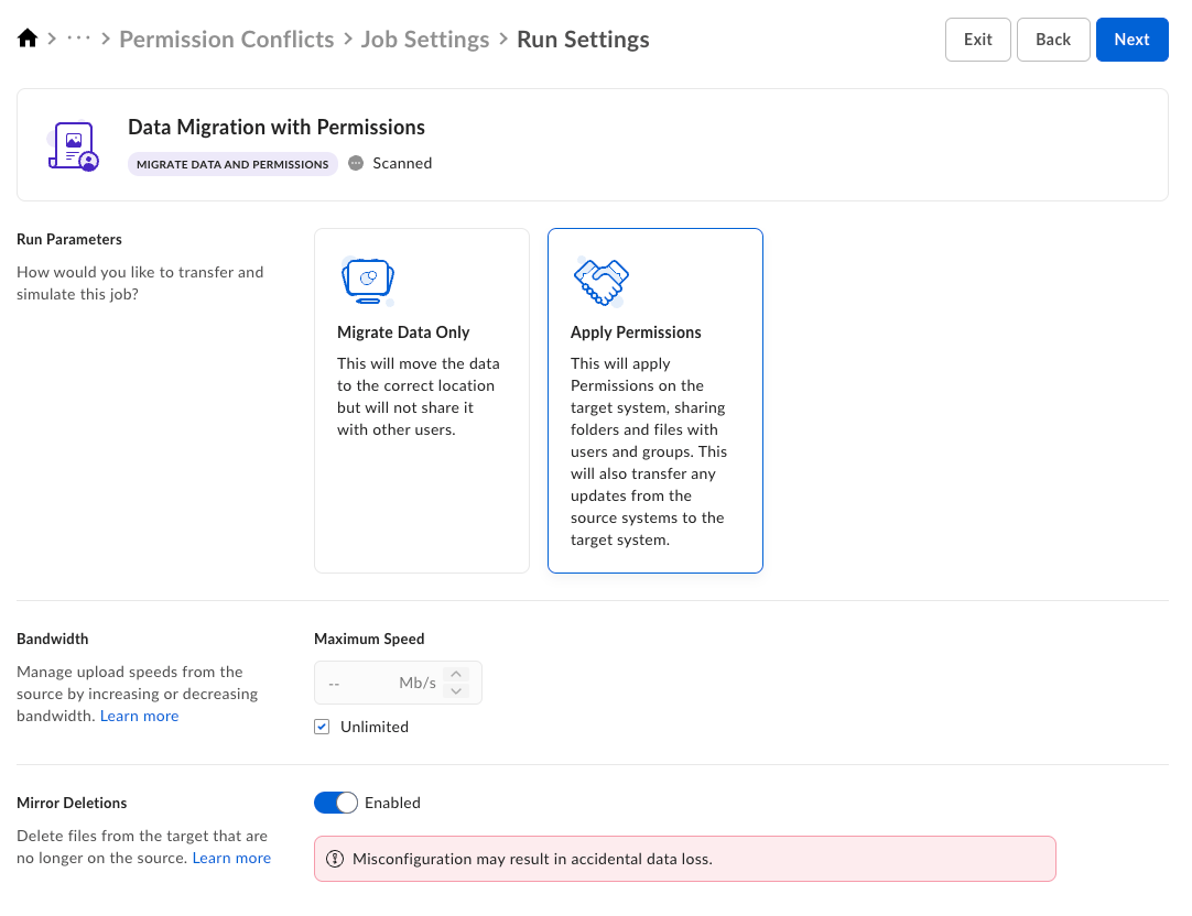 Shuttle Run Settings: Apply Permissions selected, unlimited bandwidth, Mirror Deletions enabled with warning.