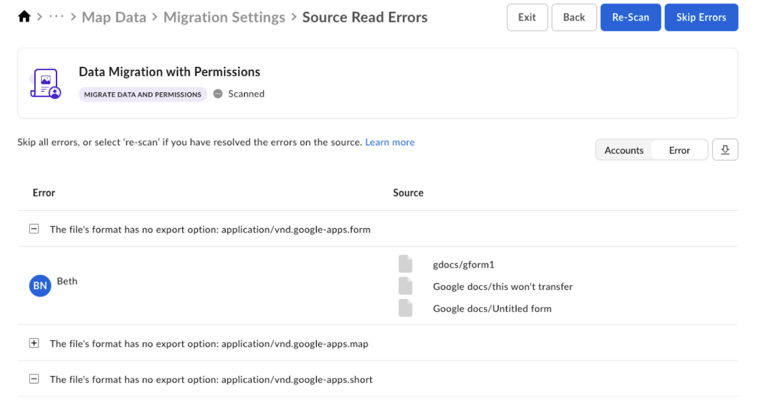 Source Read Errors page listing Google Apps format files that cannot be exported, with Re-Scan and Skip Errors buttons.