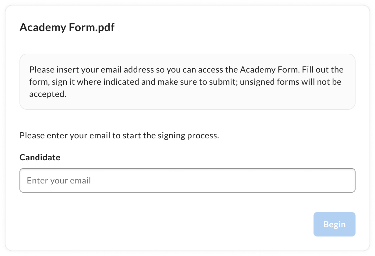 Academy Form.pdf prompt asking the candidate to enter an email address and click Begin.