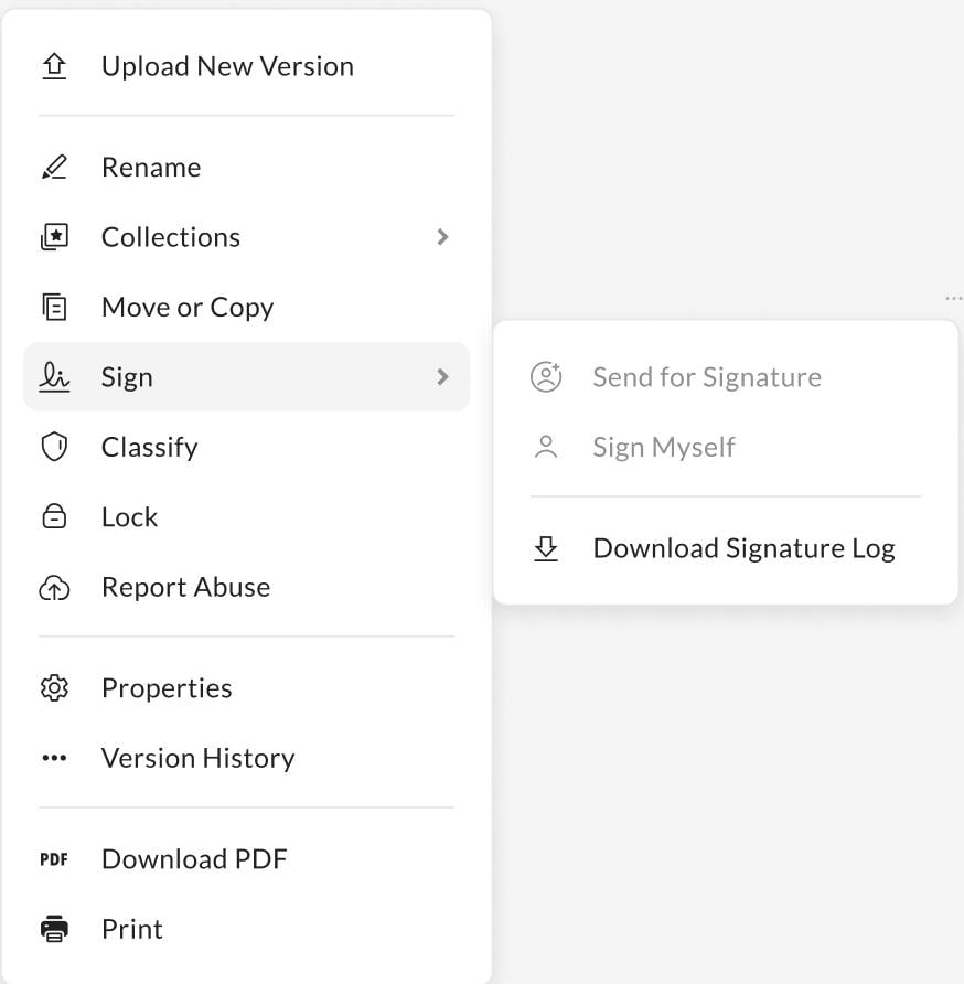 File action menu with Sign submenu showing Send for Signature, Sign Myself, and Download Signature Log.