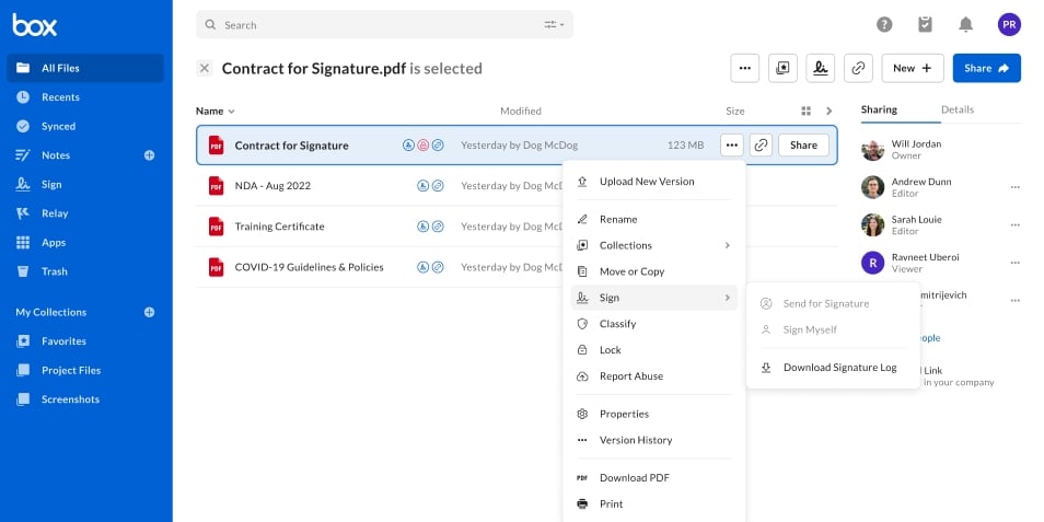 Box Files view with Contract for Signature.pdf selected and Sign menu open showing Download Signature Log.