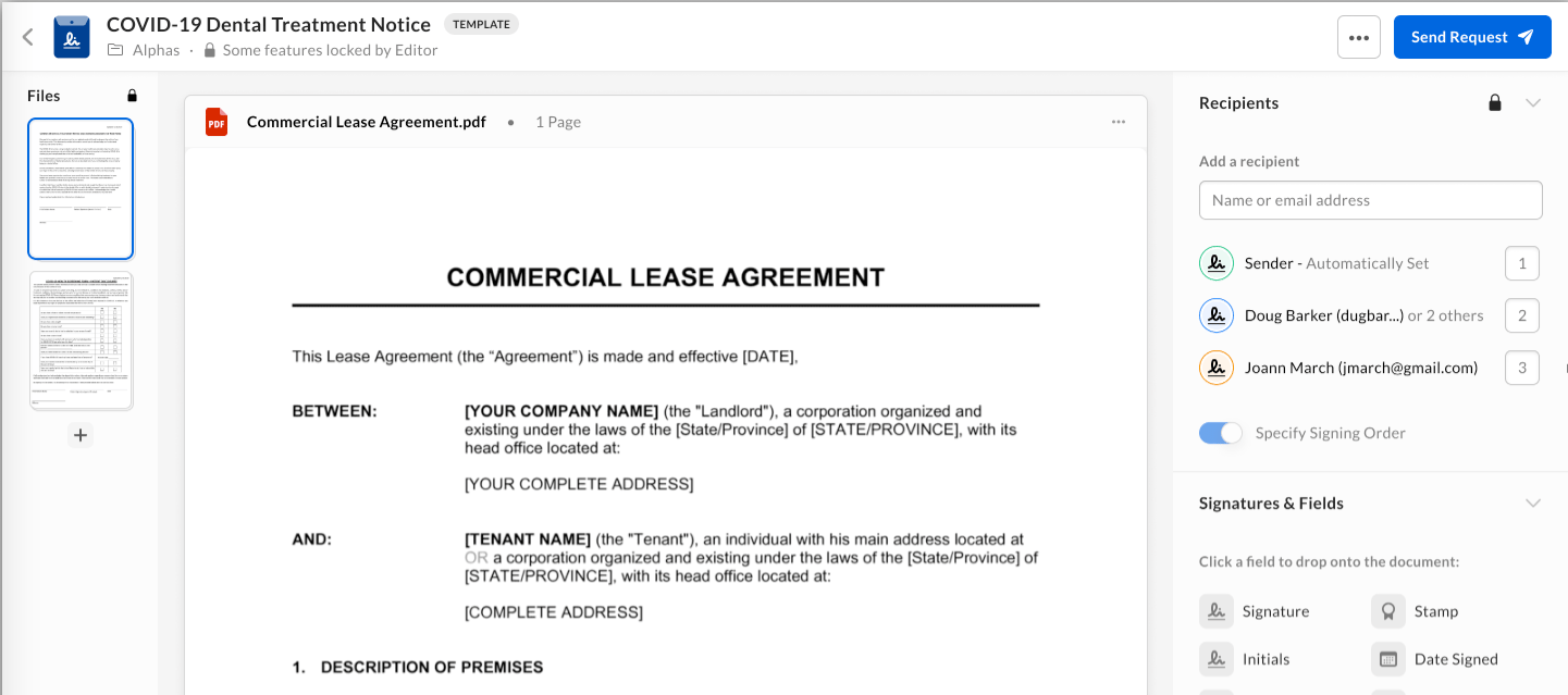 Box Sign template editor showing a document preview, ordered recipients, and draggable signature and field tools.