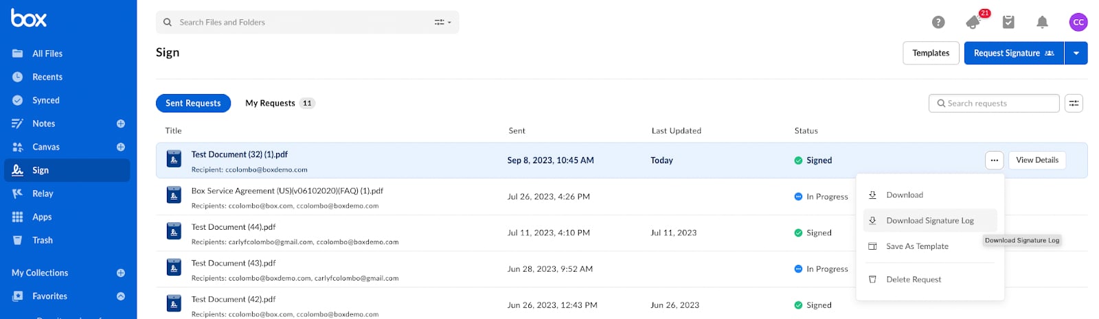 Box Sign Sent Requests list with a signed document menu open and Download Signature Log highlighted.