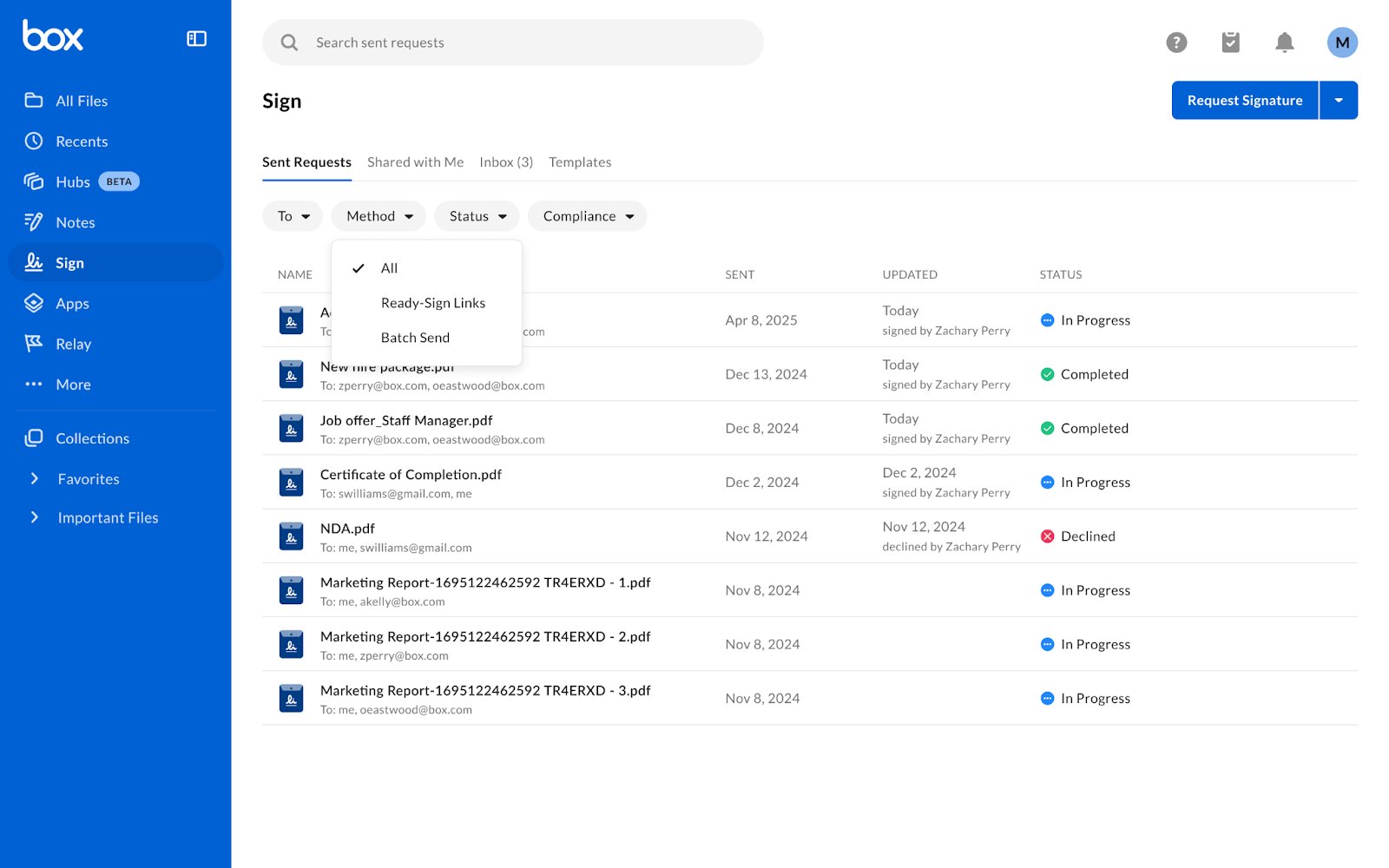 Box Sign Sent Requests with Method filter open showing Ready-Sign Links and Batch Send options.