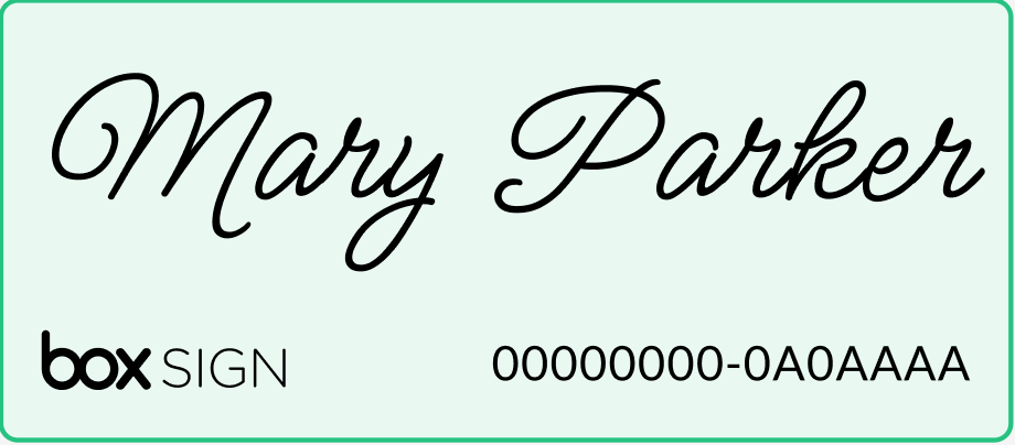 Box Sign signature frame with Mary Parker cursive signature, Box Sign logo, and signature ID.
