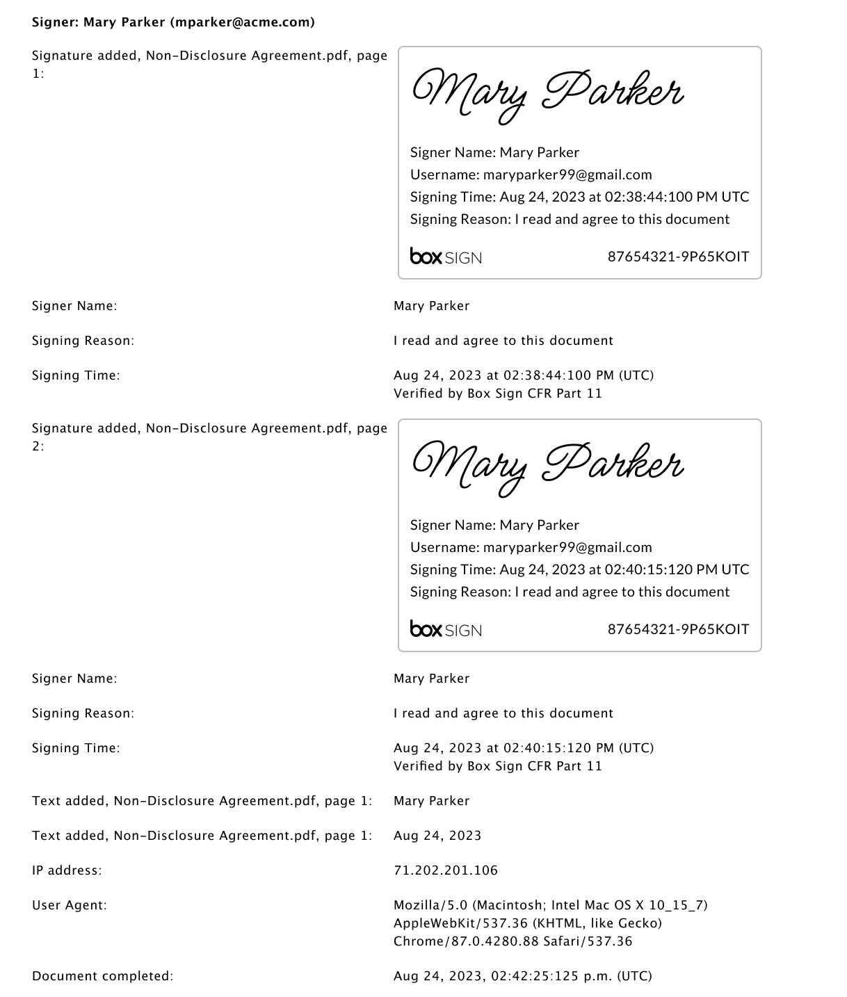 Box Sign signing log for Mary Parker showing CFR Part 11 verified signatures, signing reasons, and audit details.
