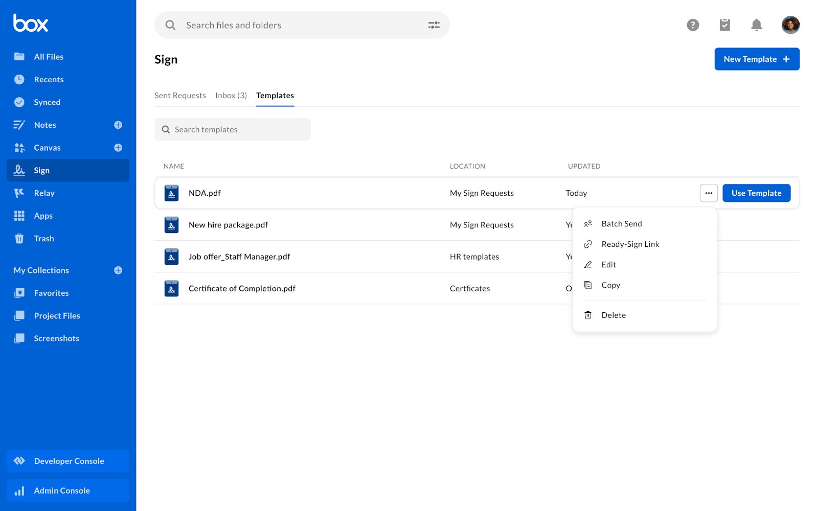 Box Sign Templates tab with NDA.pdf menu open showing Ready-Sign Link, Batch Send, Edit, and Delete.