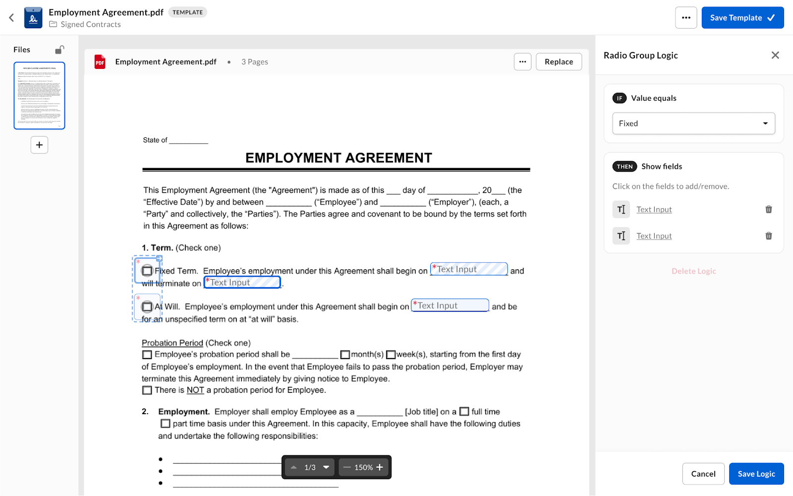 Employment Agreement template with Radio Group Logic showing Fixed Term fields when value equals Fixed.