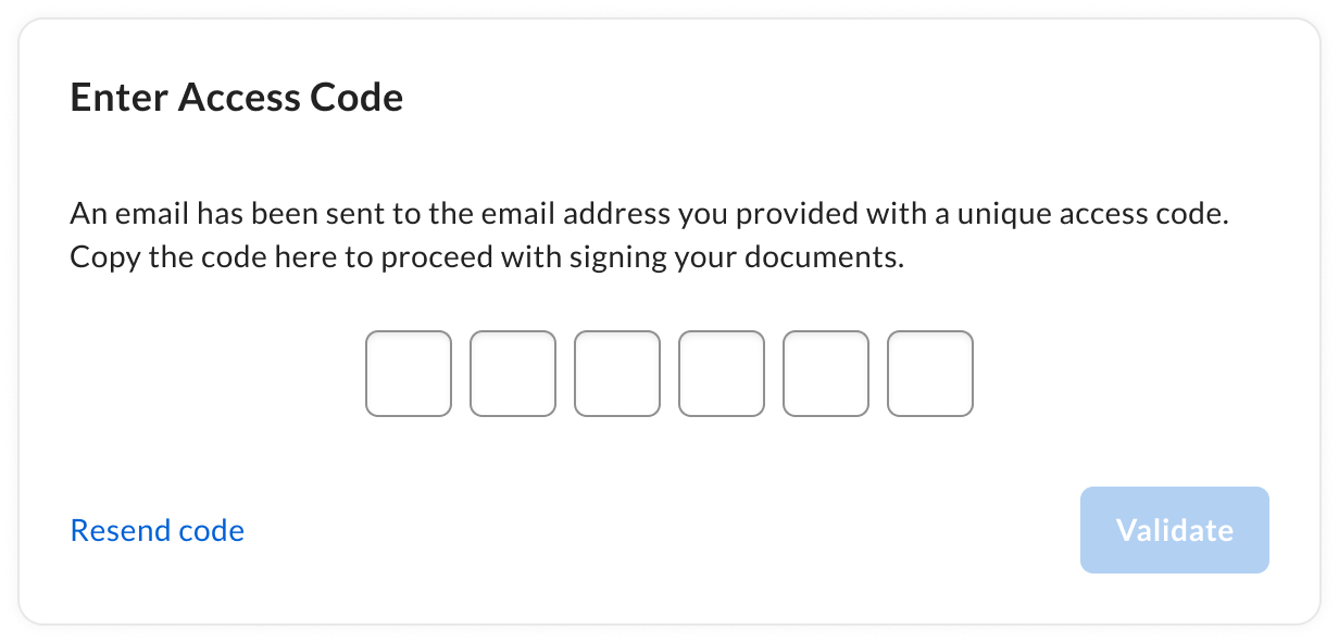 Enter Access Code dialog with six digit fields, Resend code link, and Validate button.