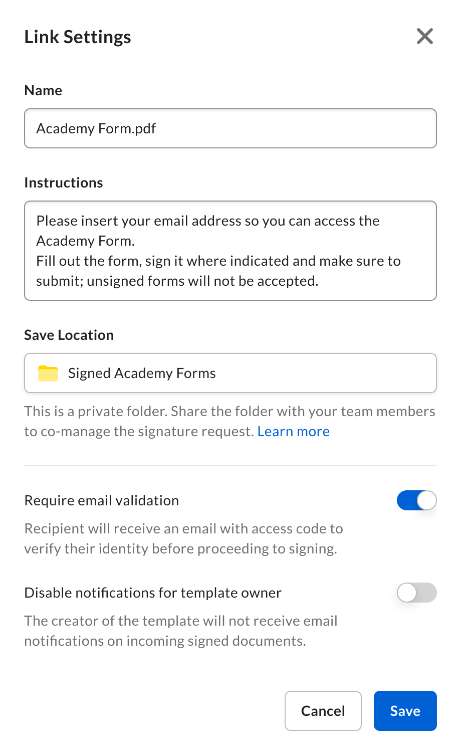 Link Settings modal for Academy Form with instructions, save location, email validation on, and Save.