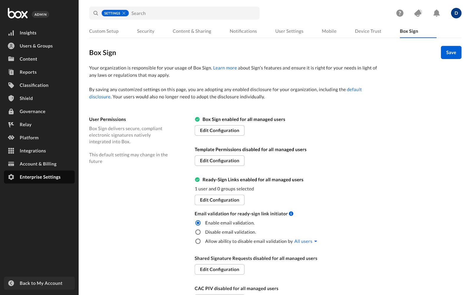 Box Admin Console Box Sign settings for Ready-Sign Links and email validation configuration.