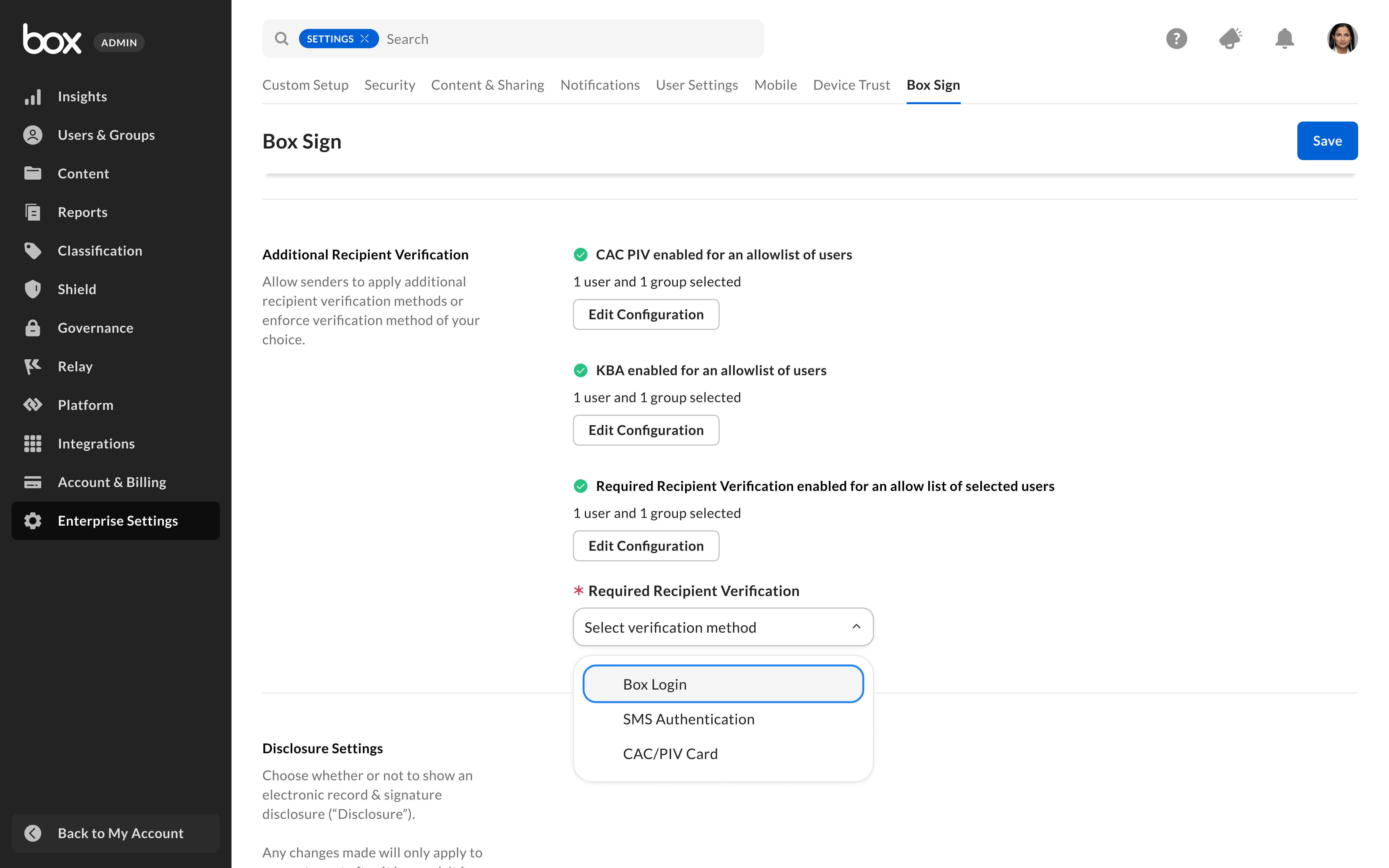 Admin Console Box Sign tab with the Additional Recipient Verification section and the Required Recipient Verification drop-down list open, showing Box Login, SMS Authentication, and CAC/PIV Card options.