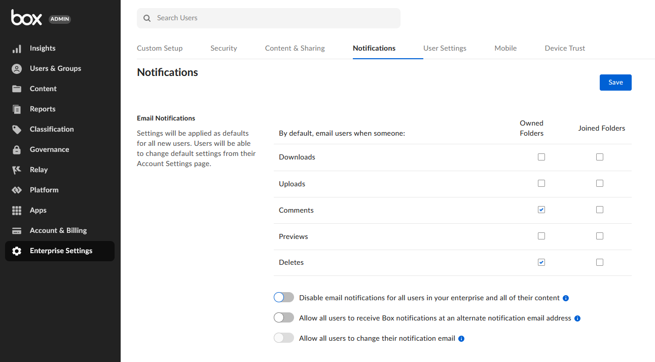 Manage Notifications for Enterprise Users