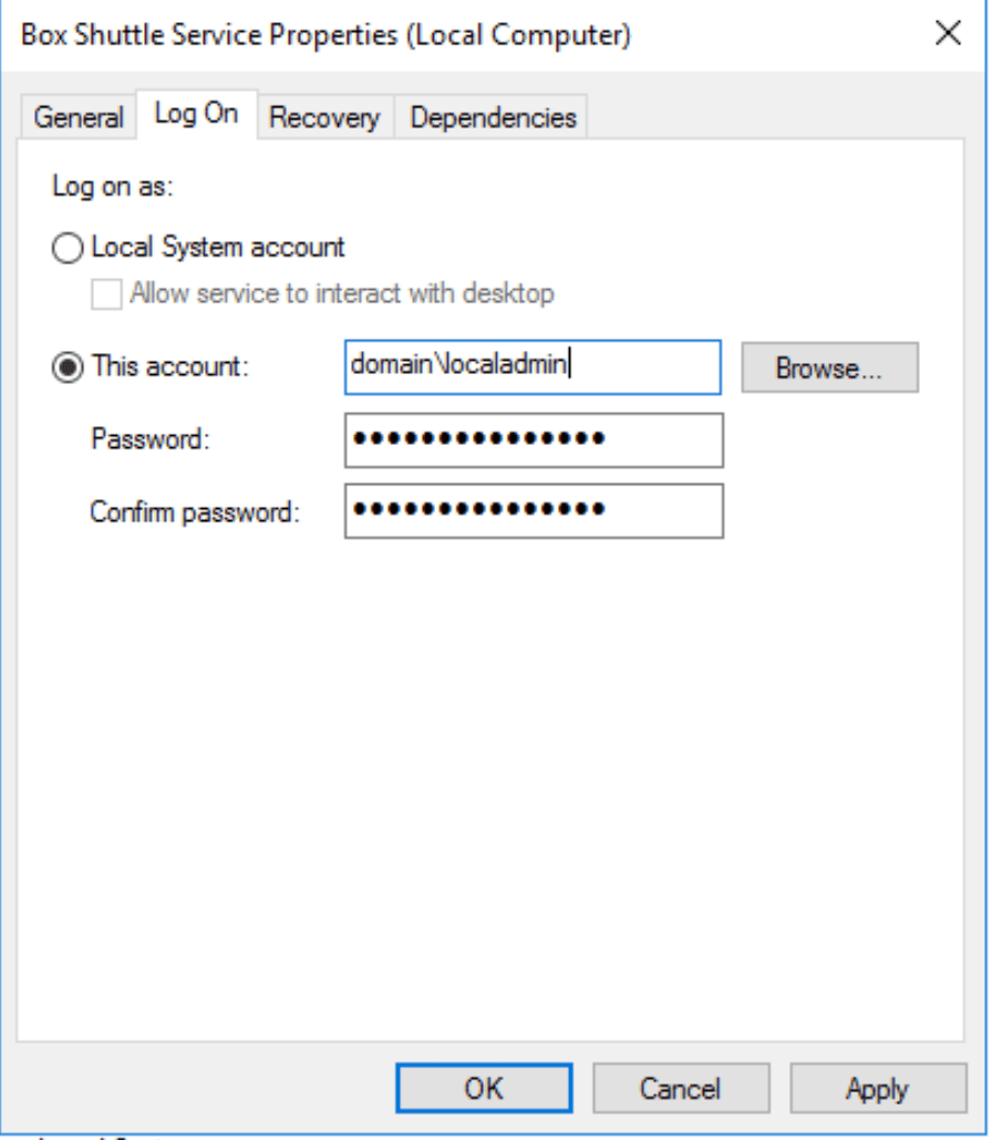 Box Shuttle Service Properties Log On tab with domain\localadmin account and password fields.
