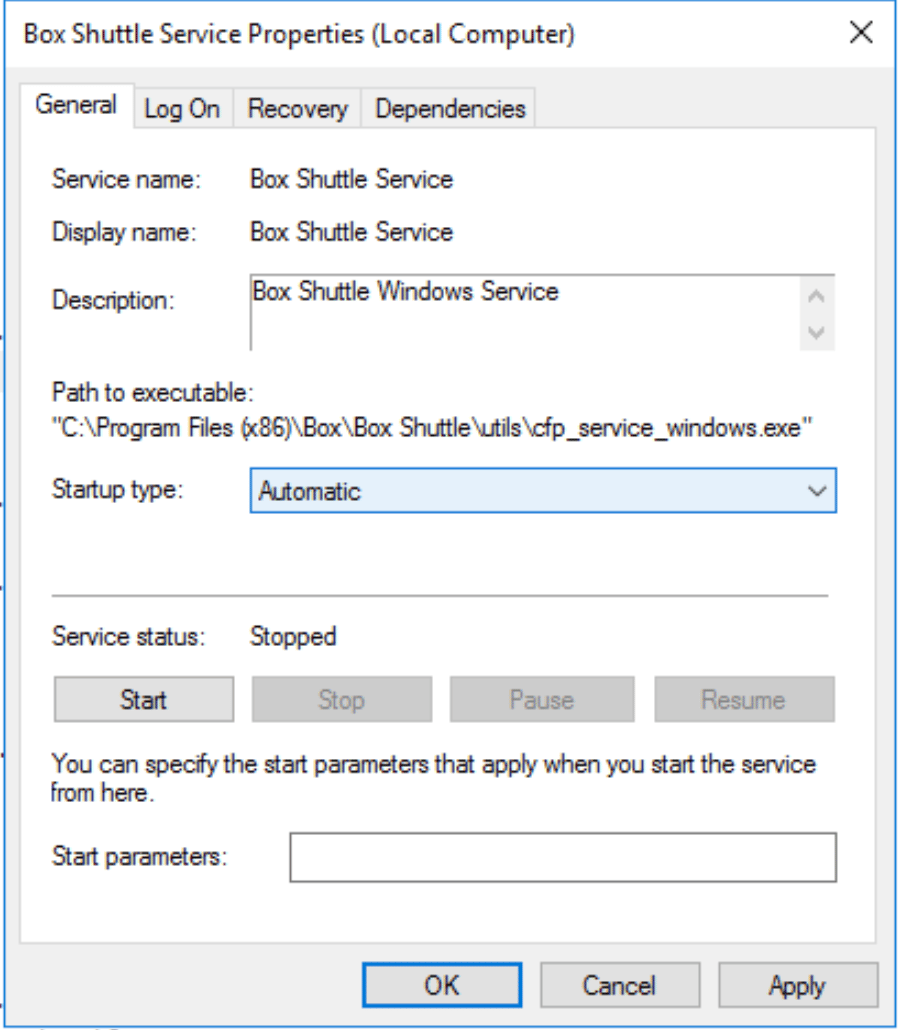 Box Shuttle Service Properties General tab showing Automatic startup type and Stopped service status.